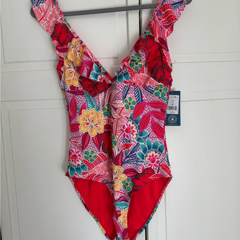 NWT Caribbean Joe Red and Pink One Piece Swimsuit with Ruffled Straps